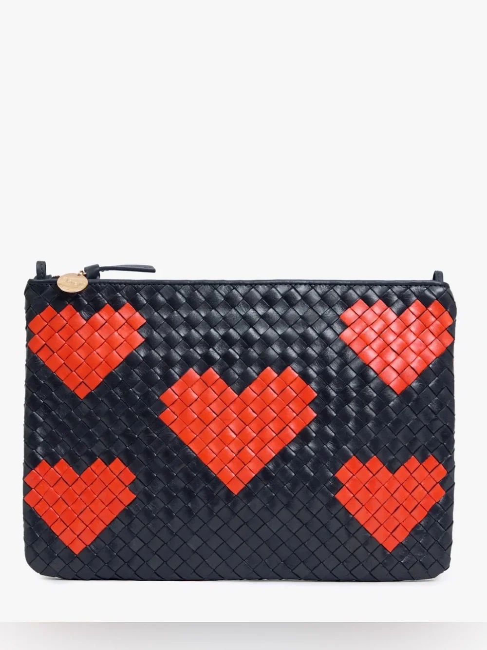 Clare V Flat Clutch w/ Tabs Twilight Navy/Bright Poppy Hearts Diagonal Woven NWT